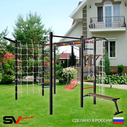 Уличная шведская стенка Sv Sport рукоход с комплектом турник прямой 2шт У5427 (Турник/Брусья/Скамья/Со спинкой/Кронш бокс/Канат/кольца/лестница/Сетка)