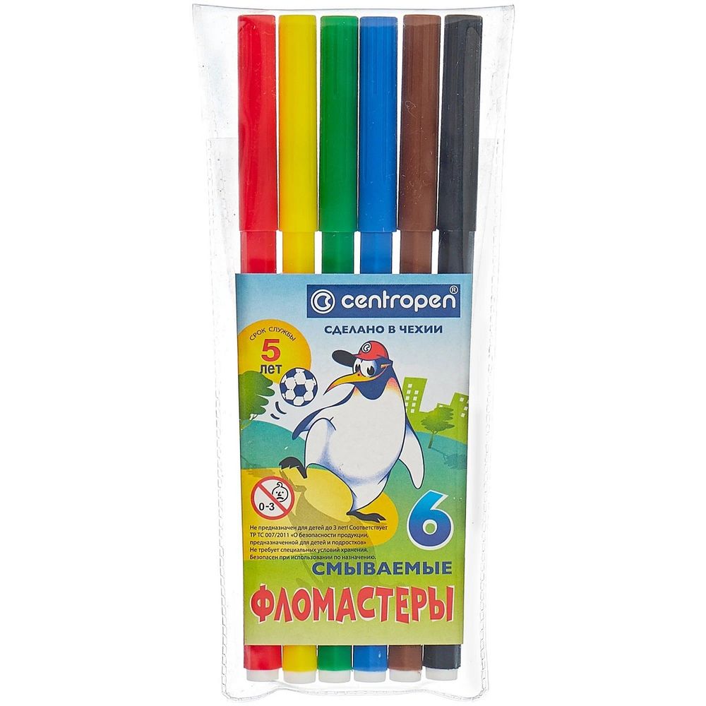 Фломастеры 6 цветов Centropen Пингвины, смываемые