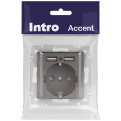 Розетка Intro Accent 6-410-09 с заземлением 2P+E Schuko со шторками 16А-250В + 2хUSB IP20 СУ титан