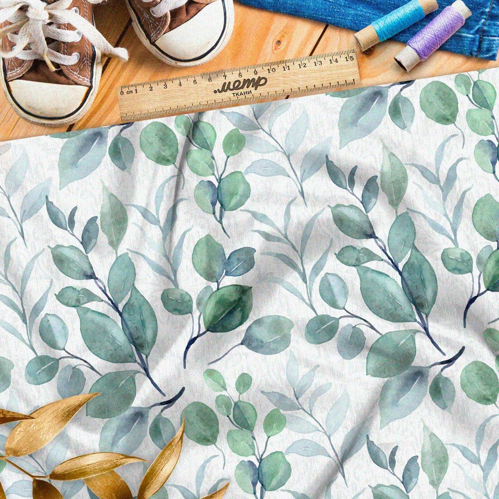 Ткань таффета крупные акварельные листья на белом фоне