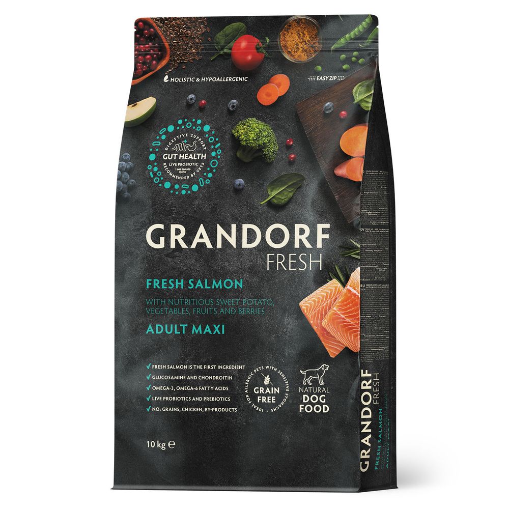 Беззерновой корм с живыми пробиотиками GRANDORF Fresh Dog Adult MAXI Salmon&amp;Sweet Potato Свежее филе лосося с бататом для собак крупных пород 10 кг