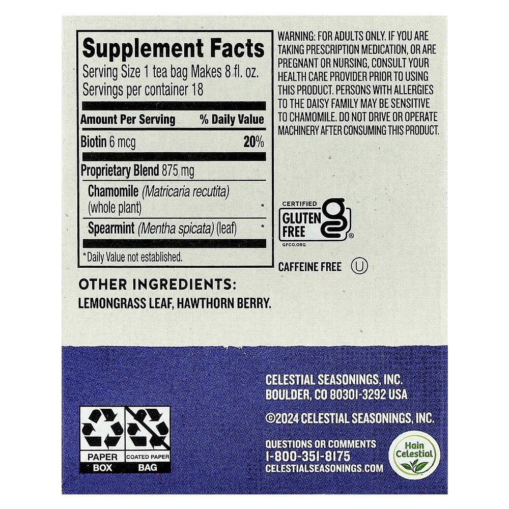 Celestial Seasonings, Wellness Tea, Sleepytime®, биотин Beauty Rest™, без кофеина, 18 чайных пакетиков, 21 г (0,75 унции)