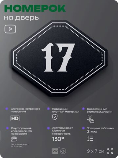 Номерок на дверь квартиры 17, для кабинета, офиса, шильдик 9 х 7 см, черный, Айдентика Технолоджи