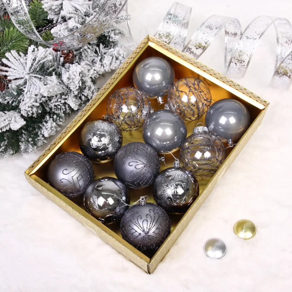 Новогодние шары «Волшебство ночи» 8 см (набор 12 шт), Графит
