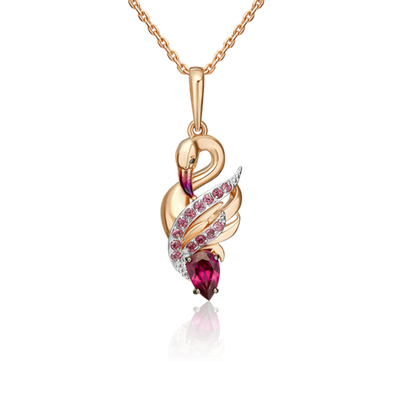 Подвеска «Розовый фламинго» из красного золота с гранатами и эмалью