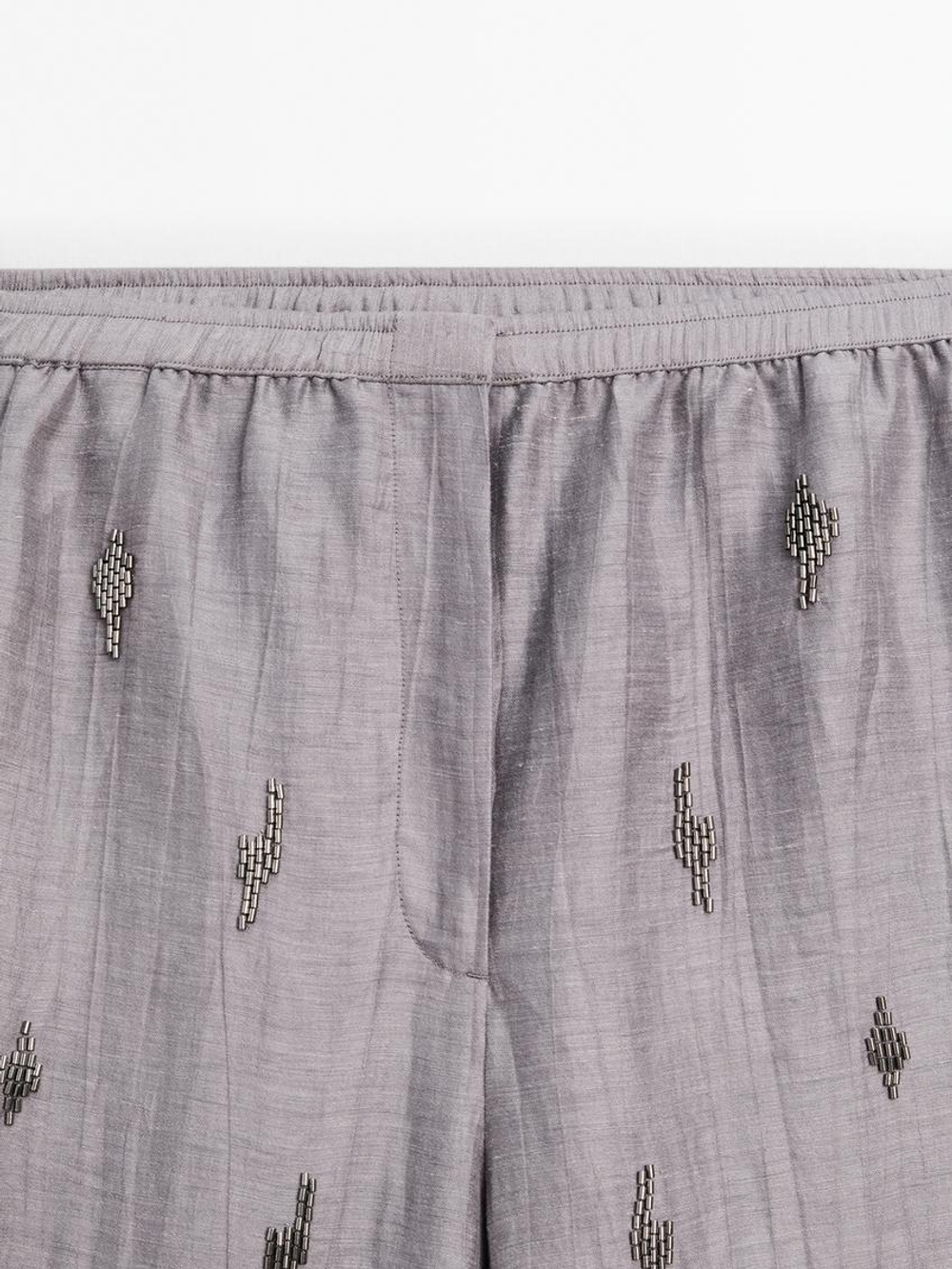 Massimo Dutti Брюки из льняной смеси с вышивкой из бисера, фиолетовый