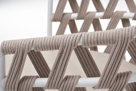 "Диего" стул плетеный из роупа, каркас из стали белый муар, роуп бежевый круглый, ткань бежевая 15052