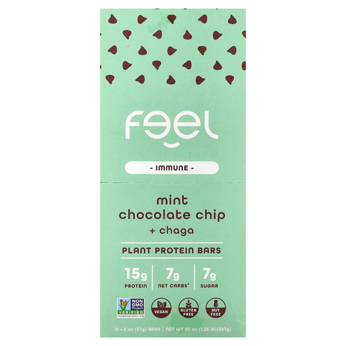The Feel Bar, Immune, батончики с растительным протеином, со вкусом мяты и шоколадной крошки и чаги, 10 батончиков по 57 г (2 унции)