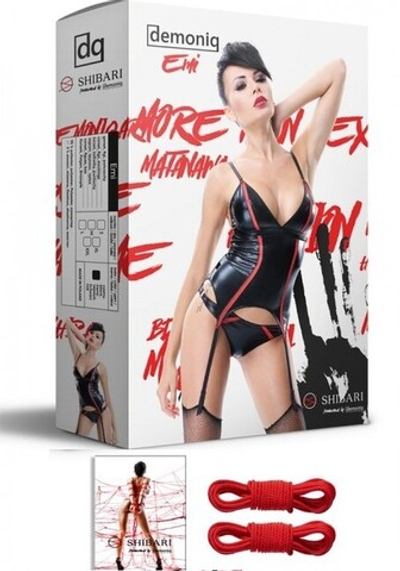 Корсаж из матовой кожи Emi с веревками для связывания (Shibari) L (46) (Цвет: черный, красный)