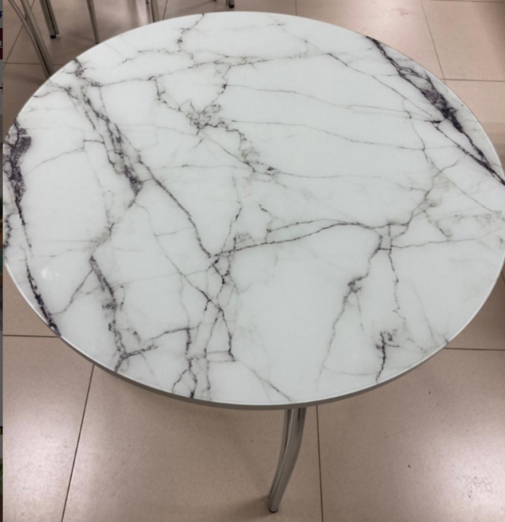 Стол неразд стеклянный Круг подстолье чайка хром Мрамор Белый