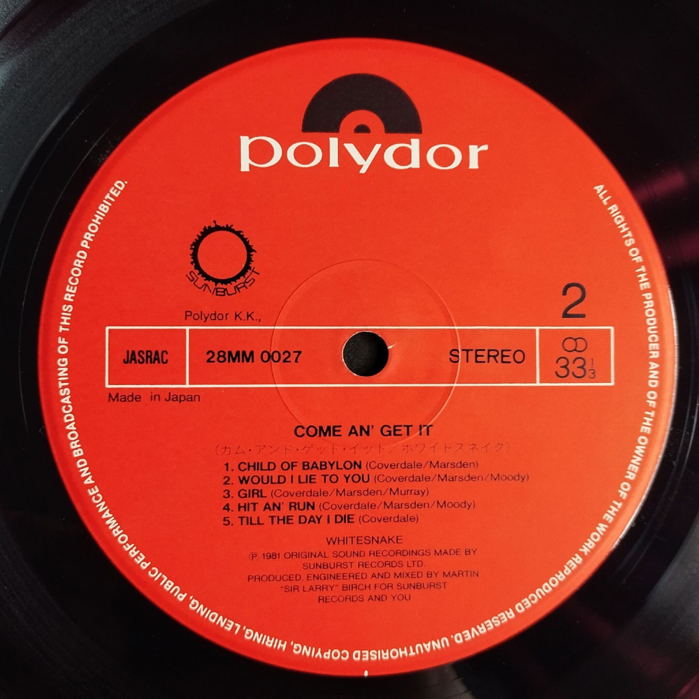 Винтажная виниловая пластинка LP Whitesnake Come An Get It (Japan 1981) (No Obi) Wine, Women An' Song