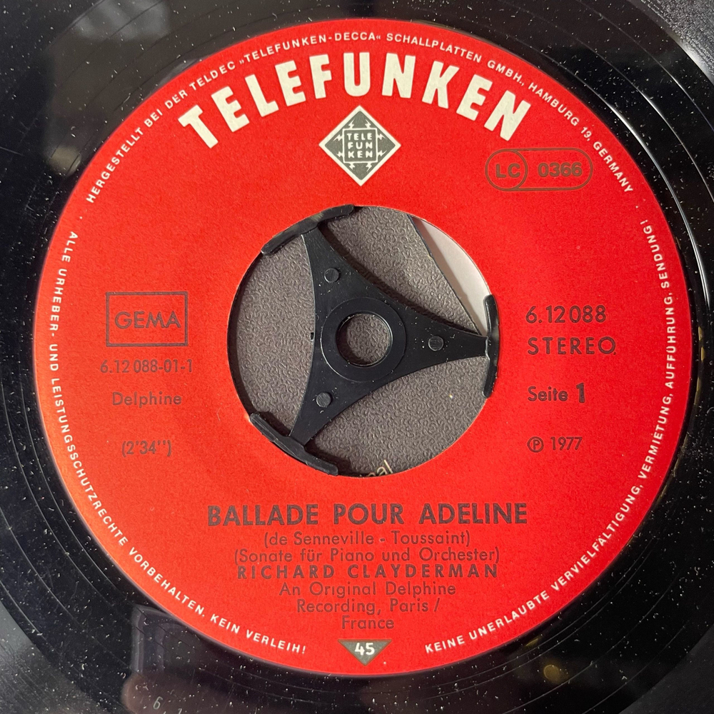 Винтажная виниловая пластинка 7 дюймов (маленькая пластинка) Richard Clayderman Ballade Pour Adeline (Германия 1977)