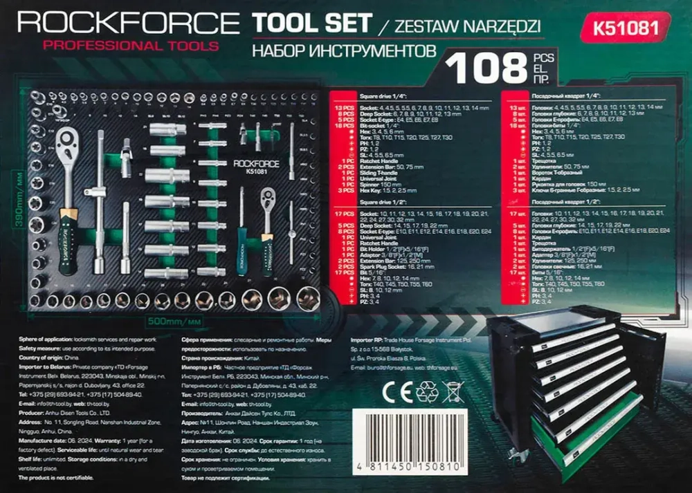 Набор инструментов 108пр. 1/4'', 1/2''(4-32мм), в ложементе RockForce RF-K51081