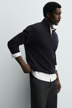 ZARA ДЖЕМПЕР ЖЕМЧУЖНОЙ ВЯЗКИ С МОЛНИЕЙ, МОРСКОЙ СИНИЙ