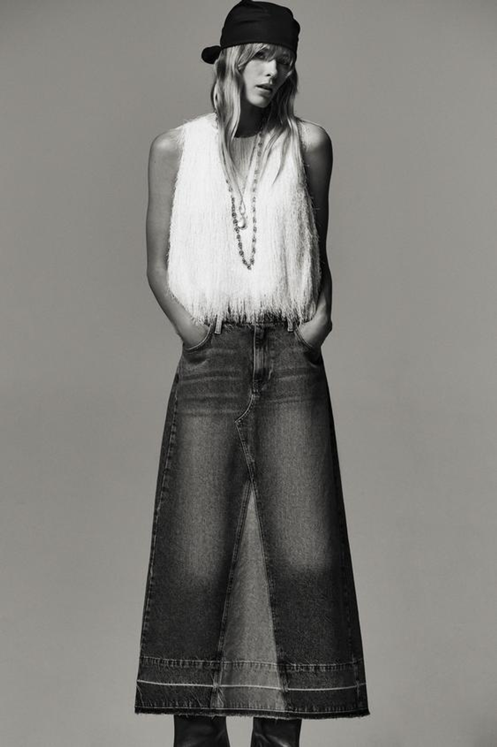 ZARA ДЖИНСОВАЯ ЮБКА-МИДИ Z1975 КОМБИНИРОВАННАЯ, ВЫЦВЕТШИЙ СИНИЙ