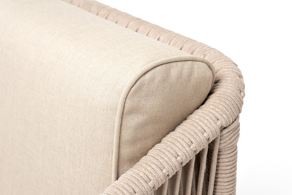 "Канны" кресло плетеное из роупа, каркас алюминий белый муар, роуп бежевый круглый, ткань бежевая 15052