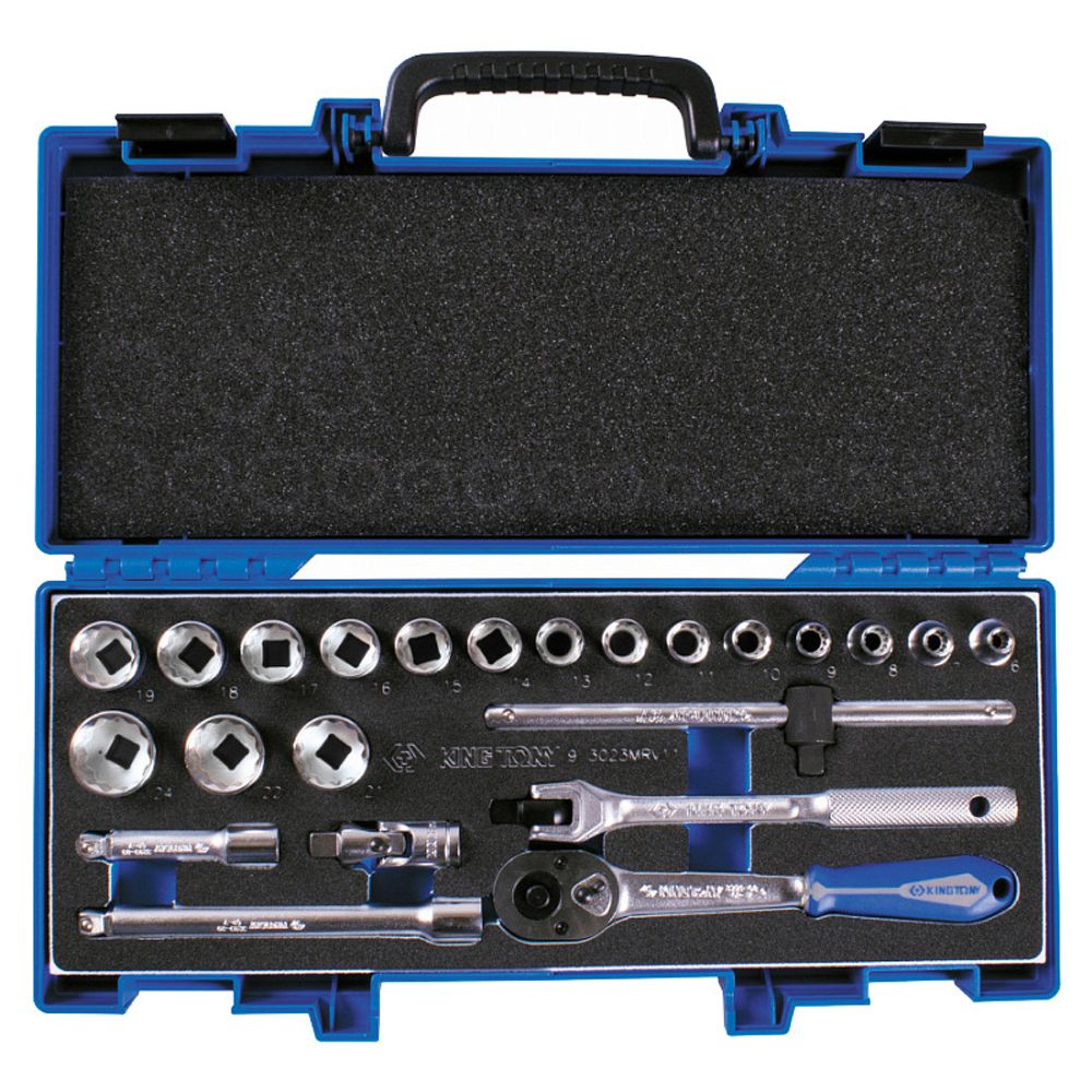 KING TONY (3023MRV11) Набор торцевых головок с принадлежностями 3/8", 12-гранные, 6-24 мм, 23 предмета