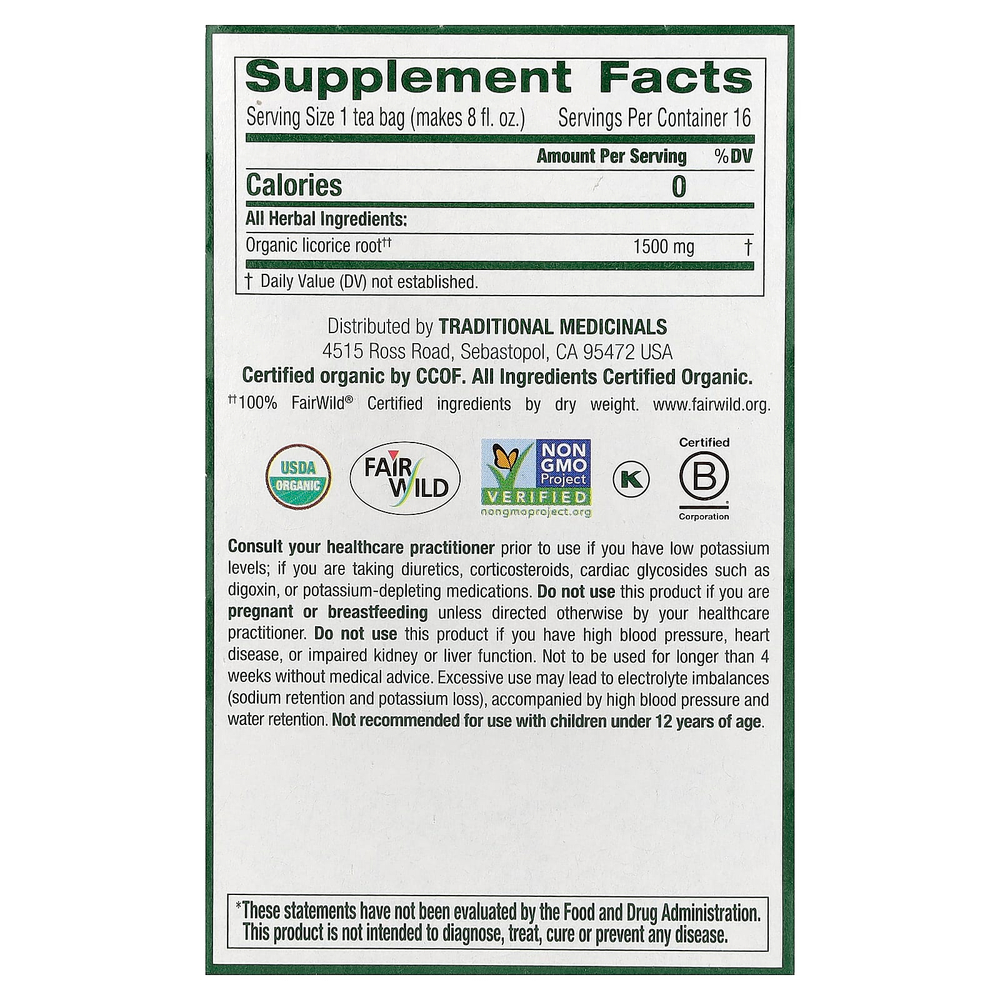 Traditional Medicinals, корень органической солодки, без кофеина, 16 чайных пакетиков, 24 г (0,85 унции)