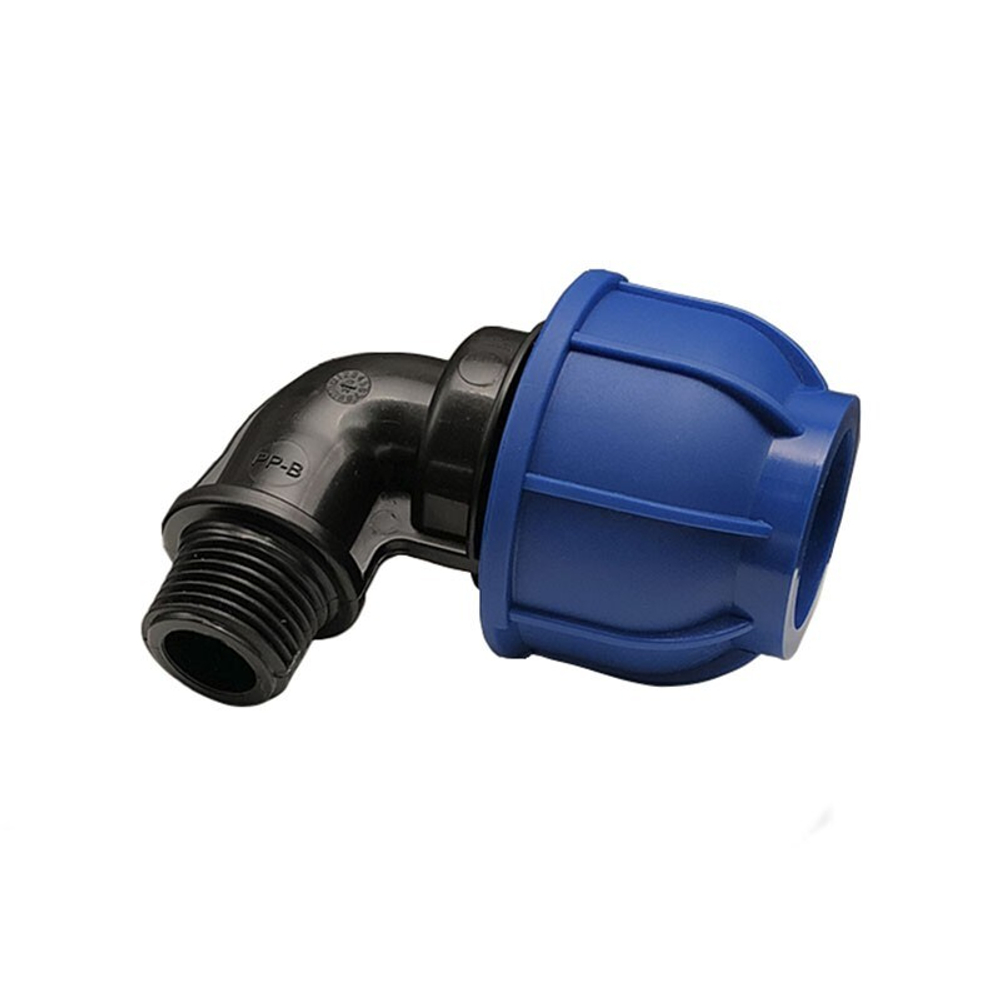 Отвод компрессионный ПНД, DN 50, PN 16, наружная резьба х1 1/2”, обжимной для ПЭ труб, 20-40гр., Кудиновский трубный завод