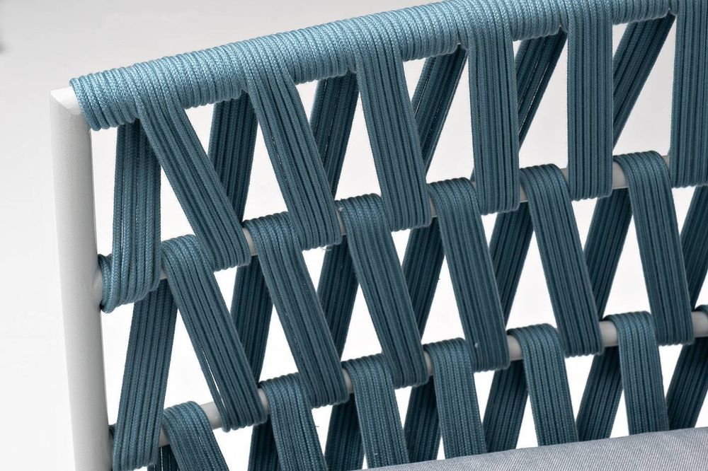 "Диего" диван 2-местный плетеный из роупа, каркас алюминий светло-серый (RAL7035) муар, роуп бирюзовый круглый, ткань светло-серая