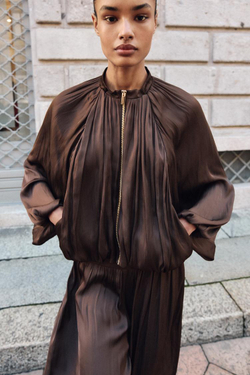 ZARA САТИНОВЫЙ БОМБЕР GLOBO, КОРИЧНЕВЫЙ