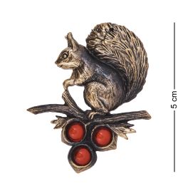 AM-4235 Брошь «Белочка на ветке с орешками» (латунь, янтарь)