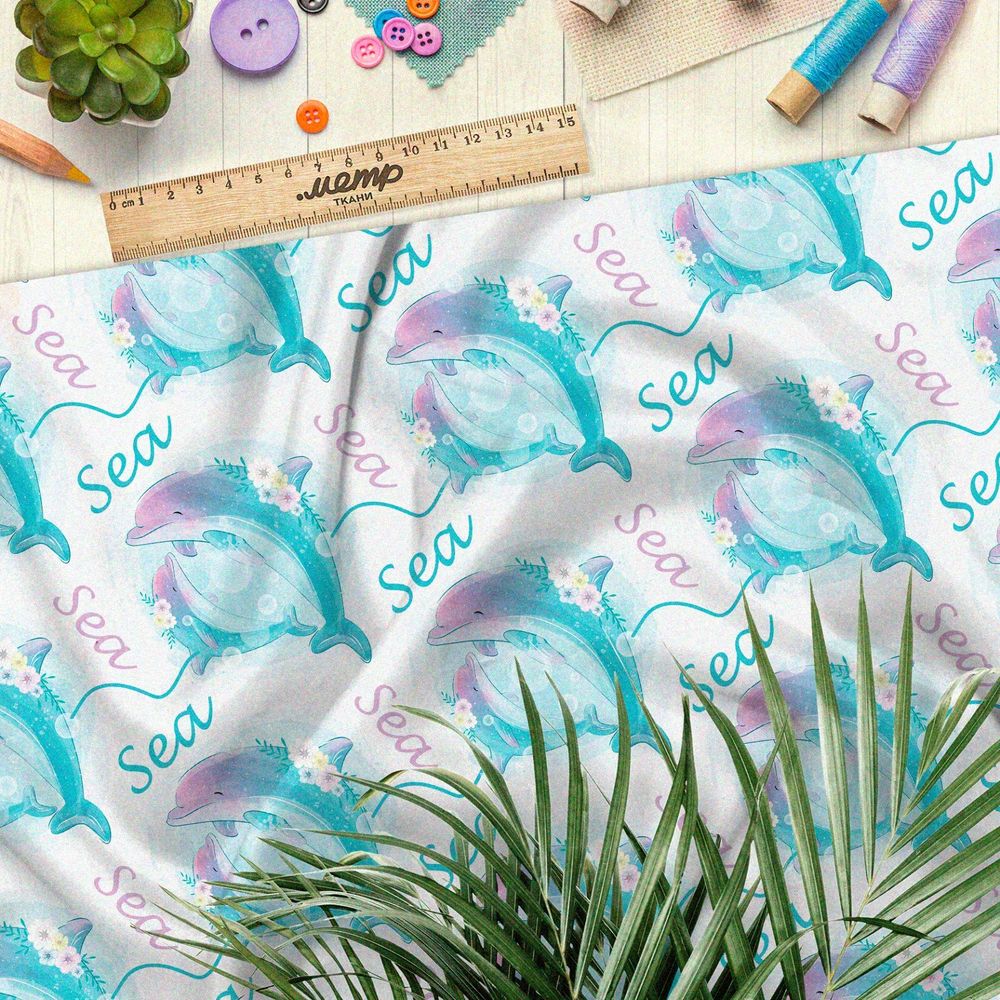Ткань атлас мыльные дельфины на белом фоне