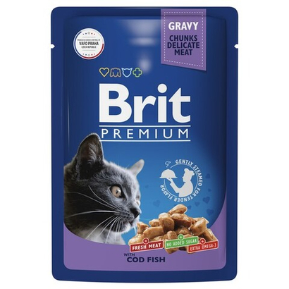 Влажный корм пауч для взрослых кошек Брит BRIT PREMIUM треска в соусе, 85г 14 шт