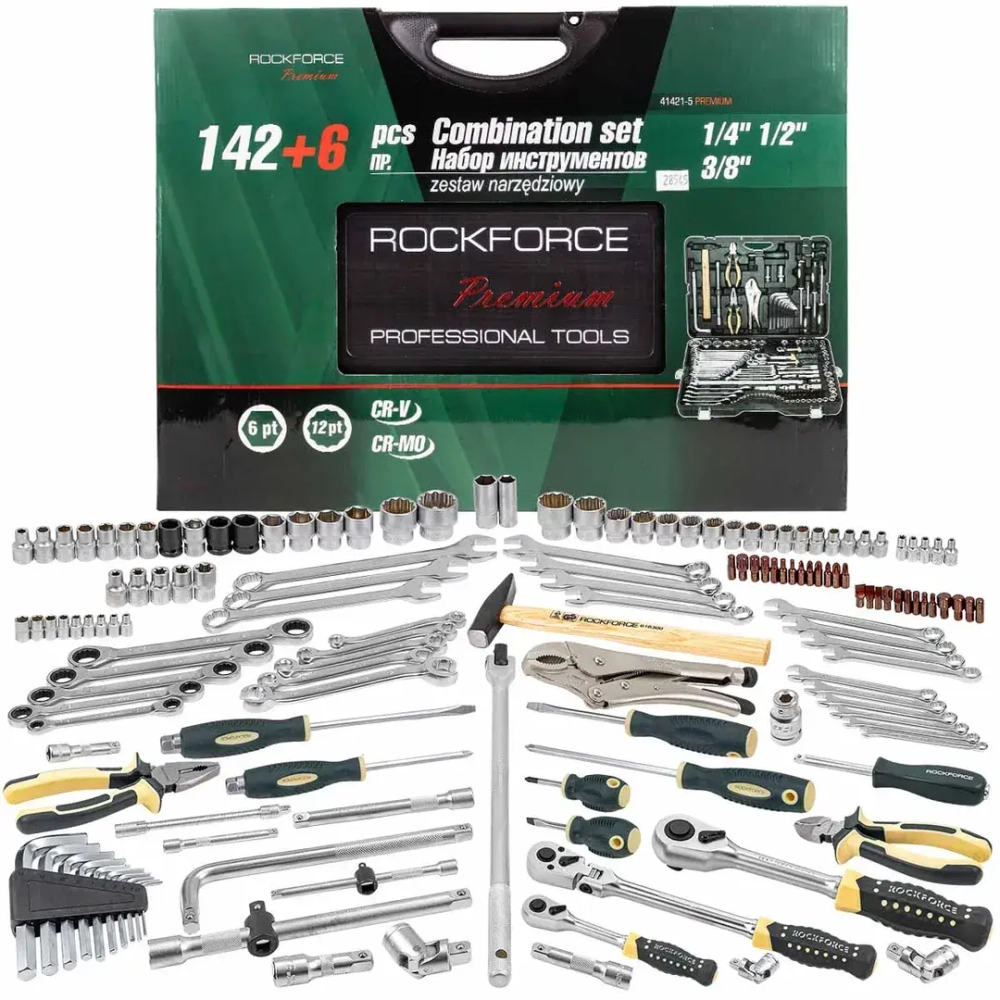 Набор инструментов 142+6пр. 1/4''3/8''1/2''(6-гран.)(4-36мм, 27,30,32,36-12гр.)+(ключи трещоточные:8х10,12х13,14х15,16х17,18х19мм, бокорезы-7'') RockForce##Rock FORCE RF-41421-5 PREMIUM