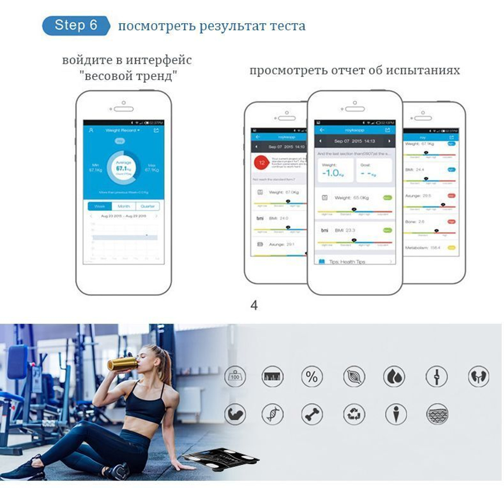 Напольные умные весы с расчётом 12 показателей качества тела, совместимые для Android, IOS