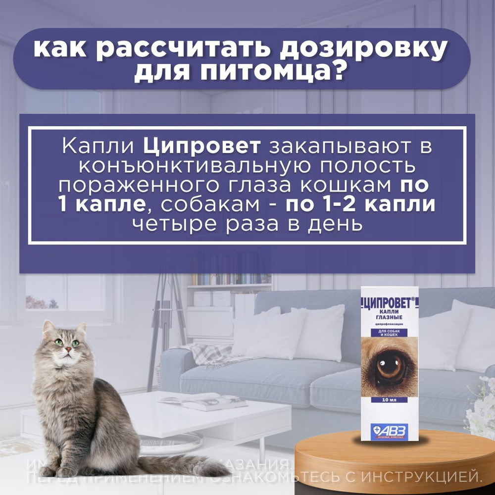 Капли глазные для профилактики и лечения болезней глаз АВЗ Ципровет для собак и кошек, 10 мл