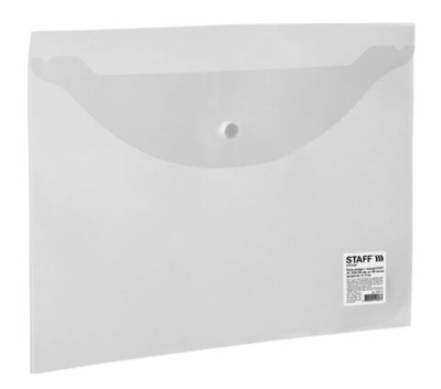 Папка-конверт с кнопкой STAFF, А4, до 100 листов, прозрачная, 0,12 мм, 225173