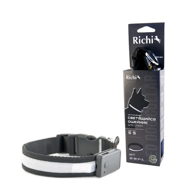 Ошейник для собак Richi Светящийся, размер XL, черный со светящийся лентой 3 режима 52-57 см