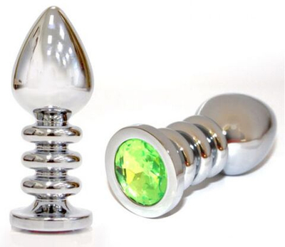 Большая серебристая анальная пробка с светло-зелёным кристаллом - 10 см. (Цвет: салатовый)