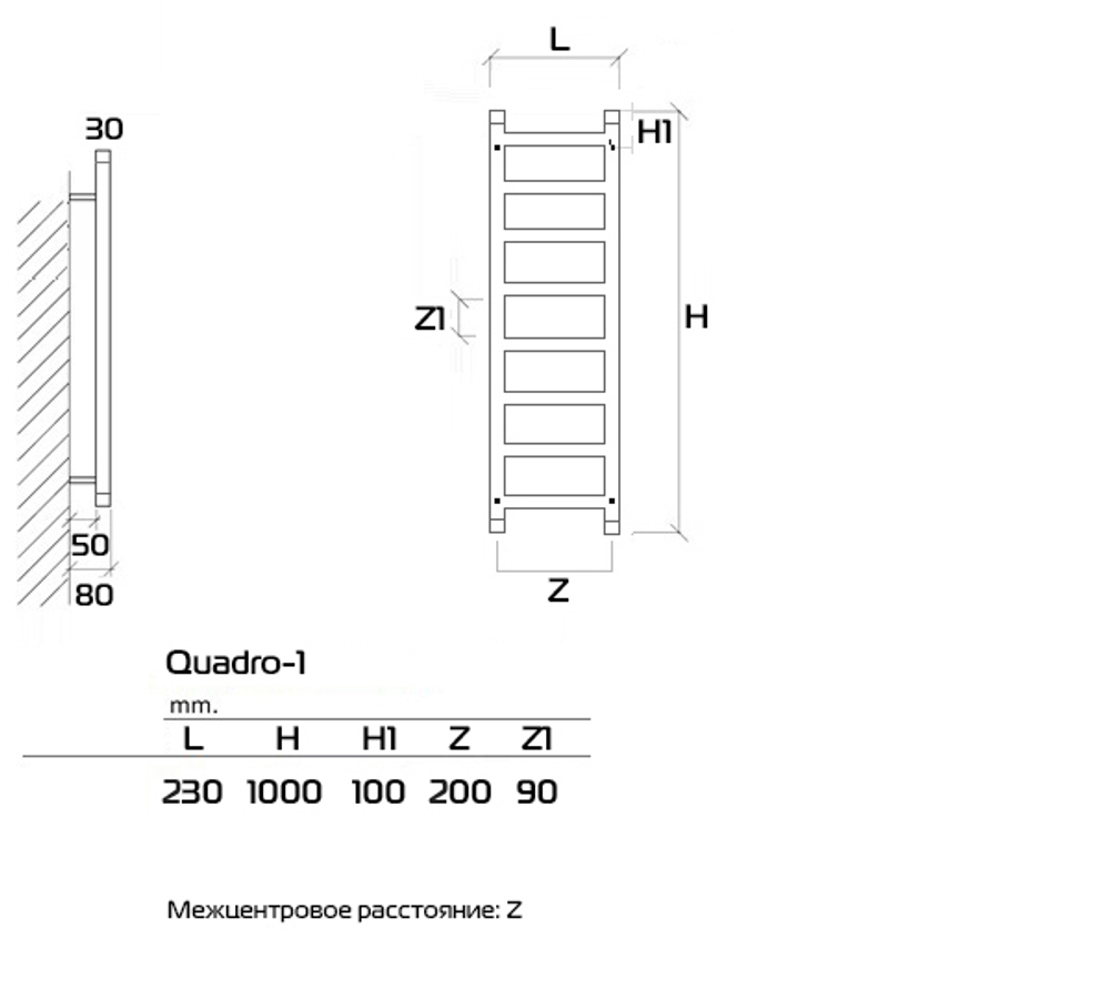 Quadro-1 100x20 см Полотенцесушитель водяной