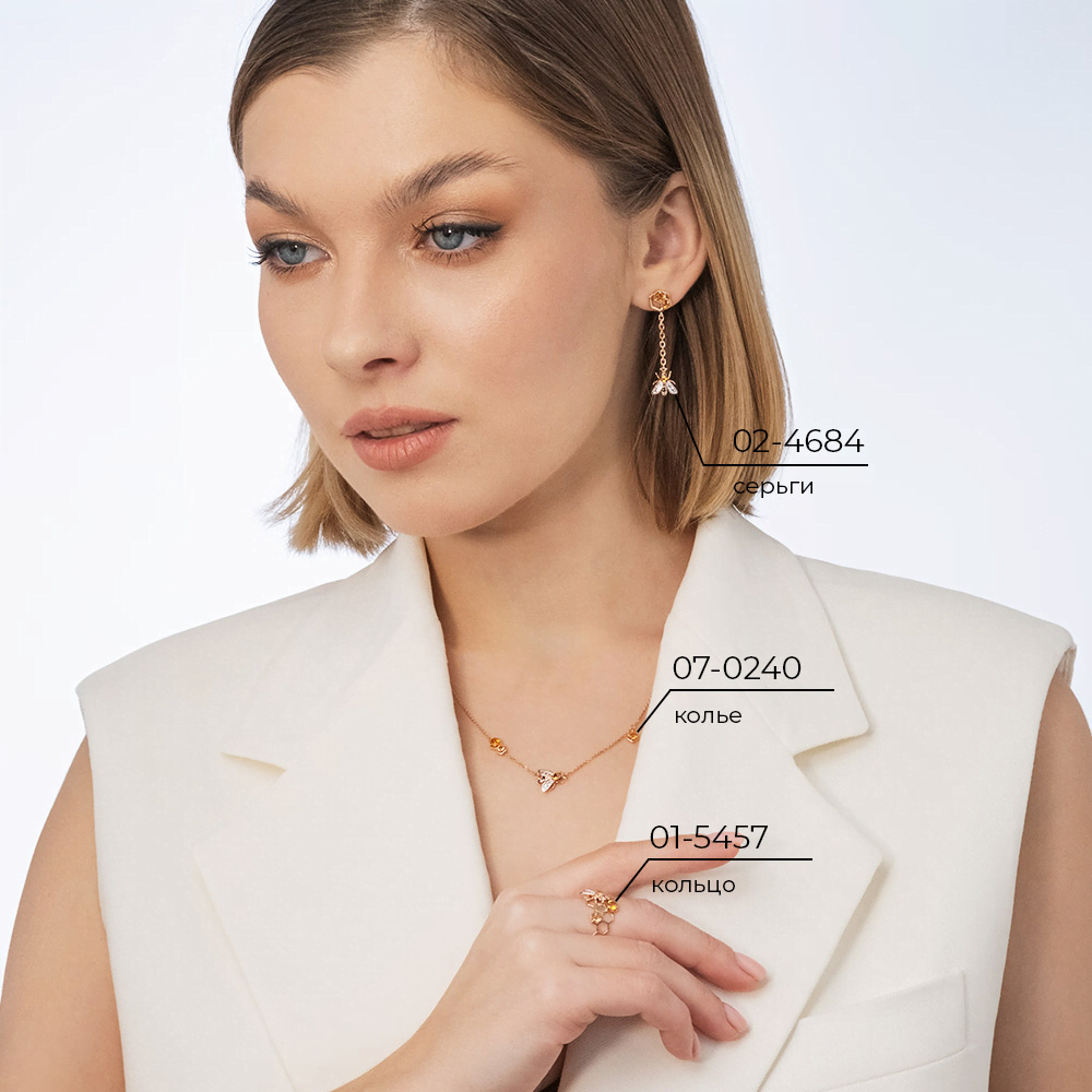 Серьги-пусеты «Пчёлы на сотах» из красного золота с цитринами и натуральными топазами white