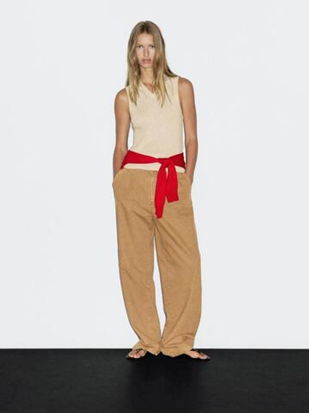 Massimo Dutti Топ в рубчик с воротником, бежевый