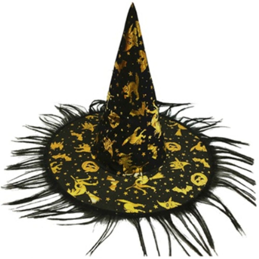 Шляпа ведьмы с бахромой, Черный/Золото, 36 см, 1 шт.