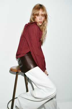 ZARA БЛУЗА В РОМАНТИЧЕСКОМ СТИЛЕ С АЖУРНОЙ ВЫШИВКОЙ, БОРДОВЫЙ