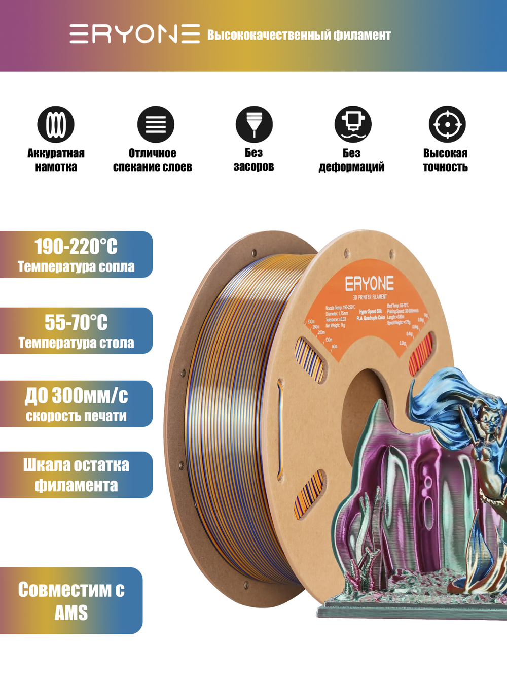 Пластик Eryone Hyper Speed Quadruple Color Silk PLA Splendid Quartet (Red & Yellow & Blue & Green)