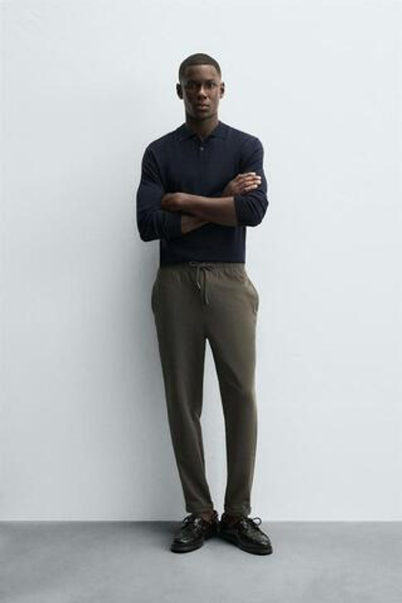 ZARA БРЮКИ EASY CARE С ПОЯСОМ НА ШНУРКЕ, ТЕМНЫЙ ХАКИ