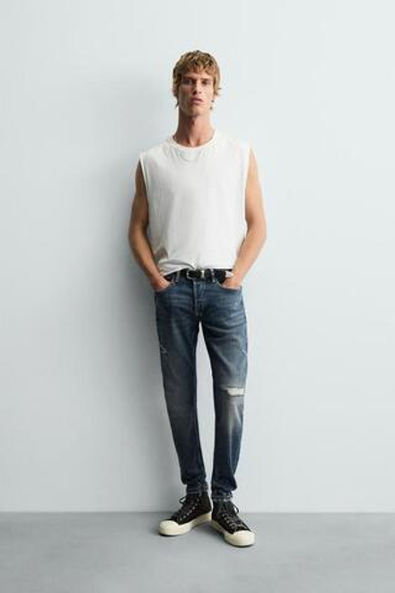 ZARA ДЖИНСЫ SKINNY FIT С РАЗРЕЗАМИ, СИНИЙ