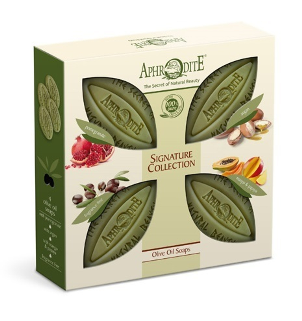 Набор мыла оливкового «Фирменная коллекция» 4 шт: с гранатом, с арганой, с манго и папйей, без отдушки. «APHRODITE»