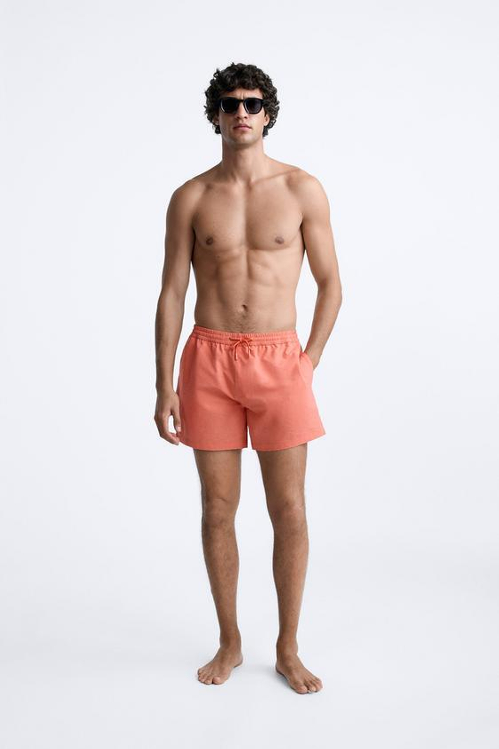 ZARA ПЛАВКИ SEERSUCKER КЛАССИЧЕСКОГО КРОЯ, ОГНЕННО-КОРАЛЛОВЫЙ