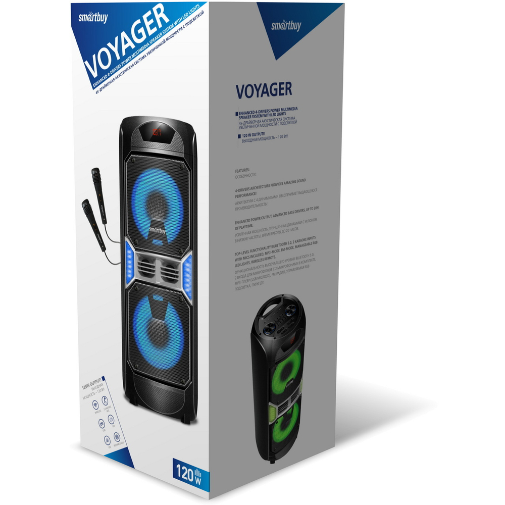 Акустическая система SmartBuy VOYAGER, 120 Вт, Bluetooth, MP3, FM-радио, 2 микрофона