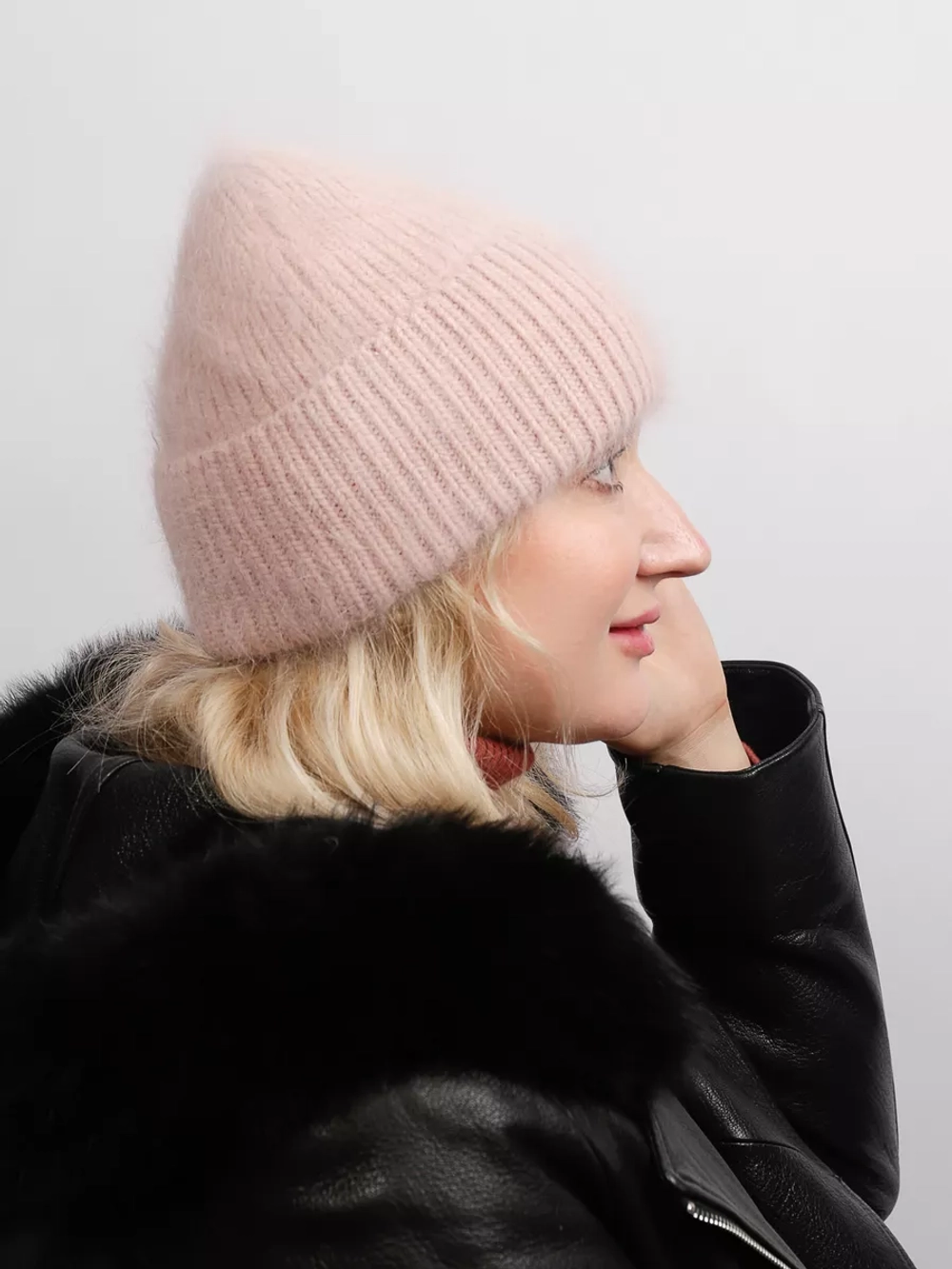 шапка вязаная бини ангора теплая демисезонная с отворотом