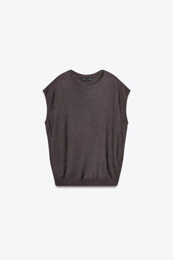 ZARA ТРИКОТАЖНЫЙ ТОП В РУБЧИК БЕЗ РУКАВОВ, КОРИЧНЕВЫЙ