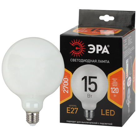 Лампочка светодиодная ЭРА F-LED G125-15w-827-E27 OPAL E27 / Е27 15Вт филамент шар матовый теплый белый свет