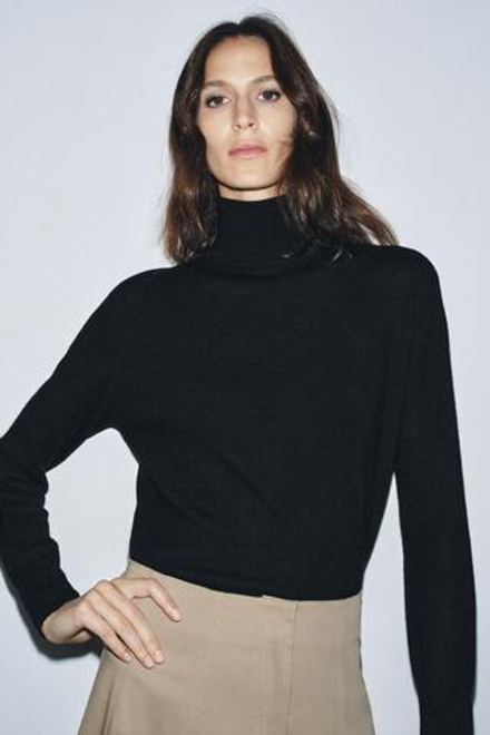 ZARA СВИТЕР ИЗ 100% ЭКСТРАМЯГКОЙ ШЕРСТИ, ЧЕРНЫЙ