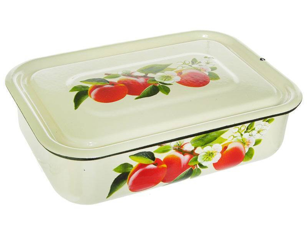 Лоток 1,5л эмалированный с крышкой, с рисунком